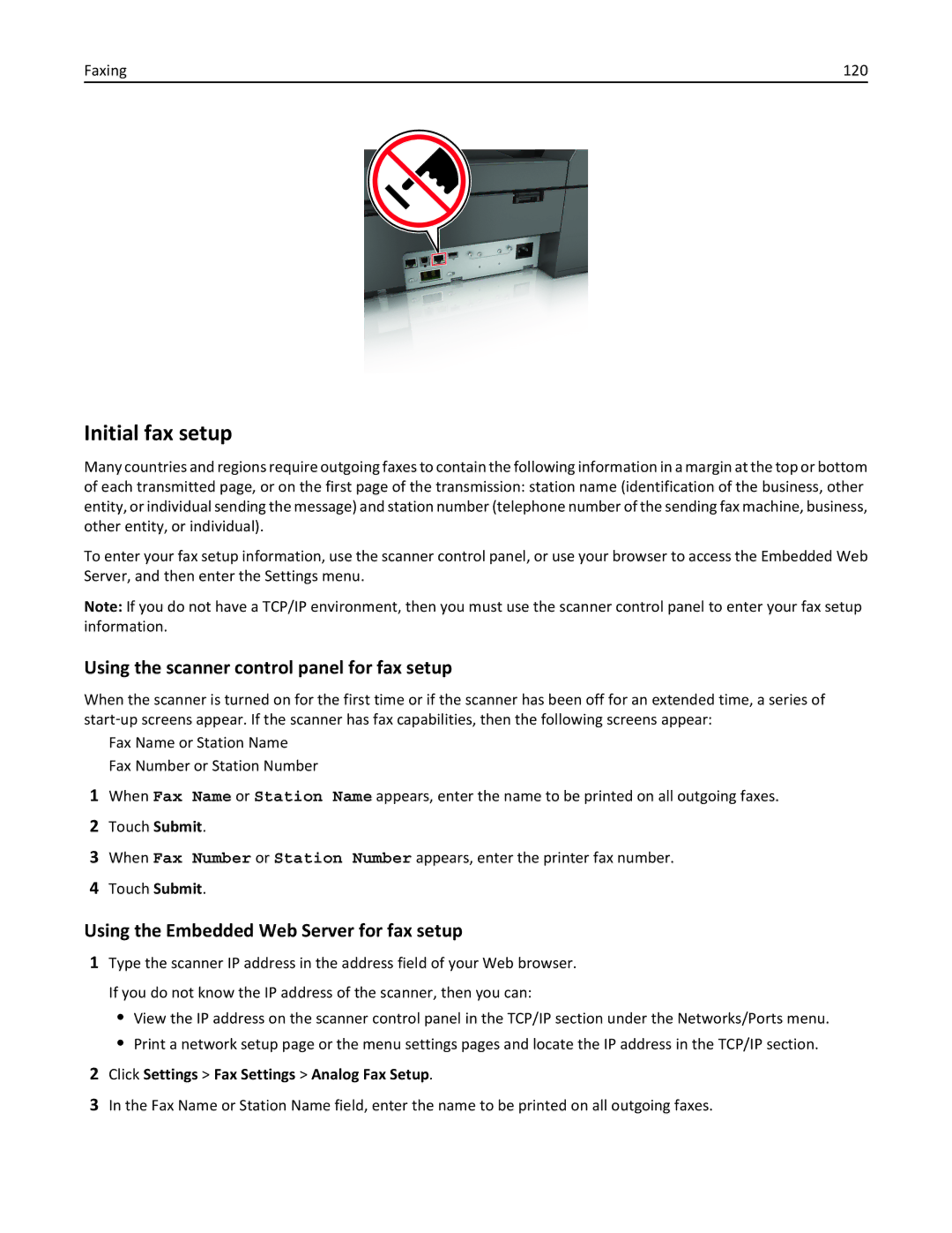 Lexmark MX6500E manual Initial fax setup, Using the scanner control panel for fax setup, Faxing 120 