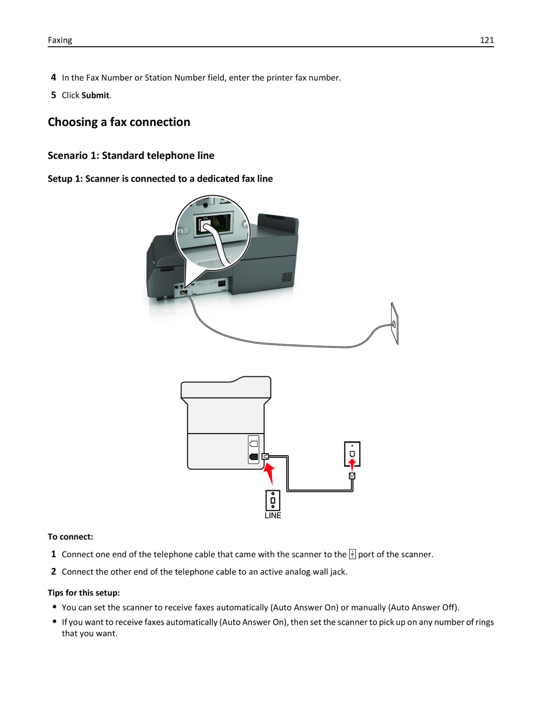 Lexmark MX6500E manual Choosing a fax connection, Scenario 1 Standard telephone line, To connect, Tips for this setup 