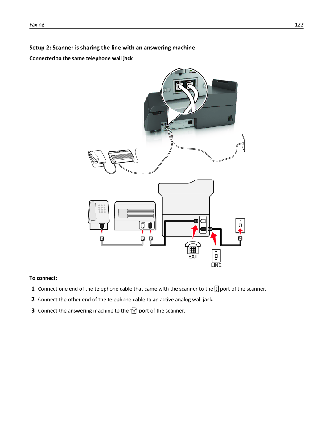 Lexmark MX6500E manual Faxing 122, Connected to the same telephone wall jack To connect 