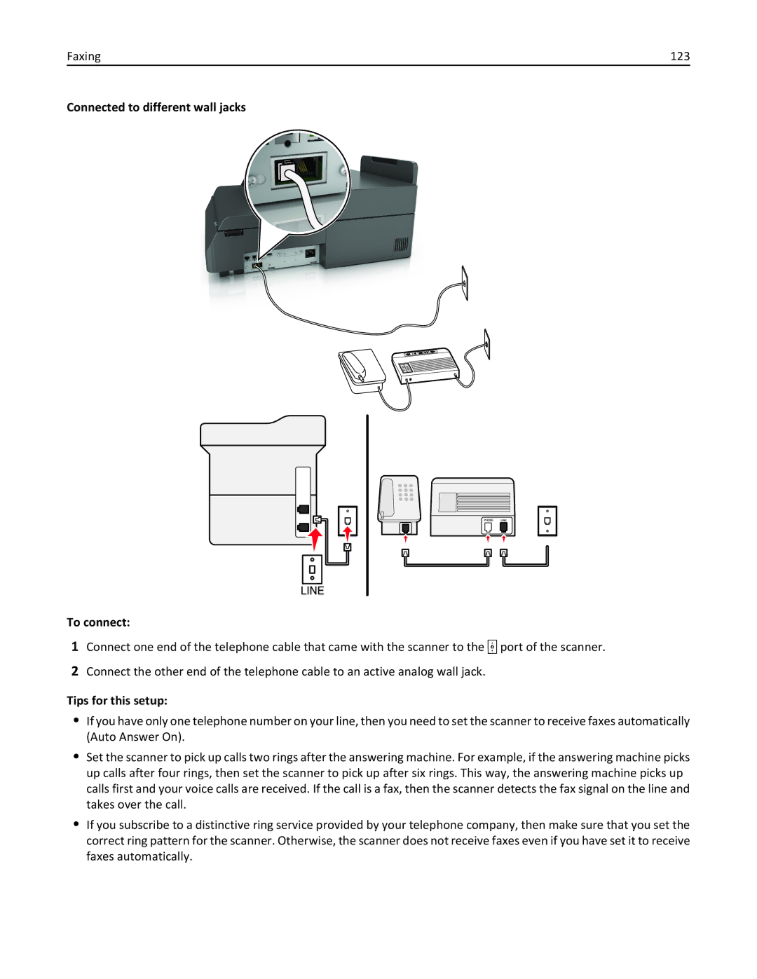 Lexmark MX6500E manual Faxing 123, Connected to different wall jacks To connect 