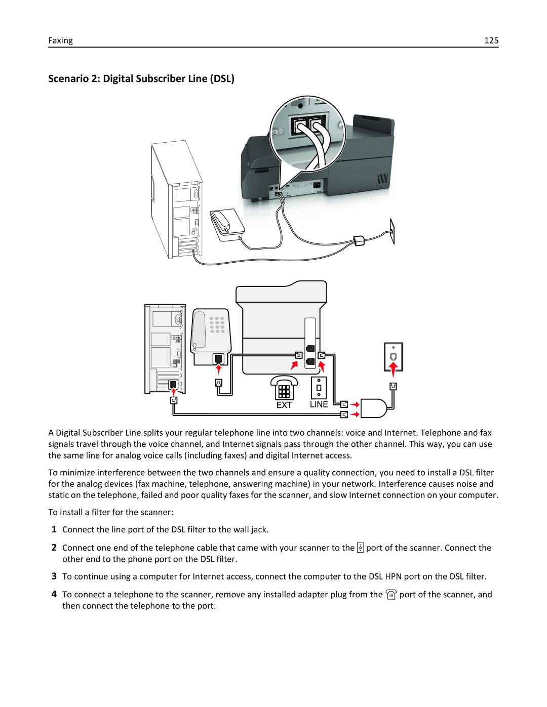 Lexmark MX6500E manual Scenario 2 Digital Subscriber Line DSL, Faxing 125 