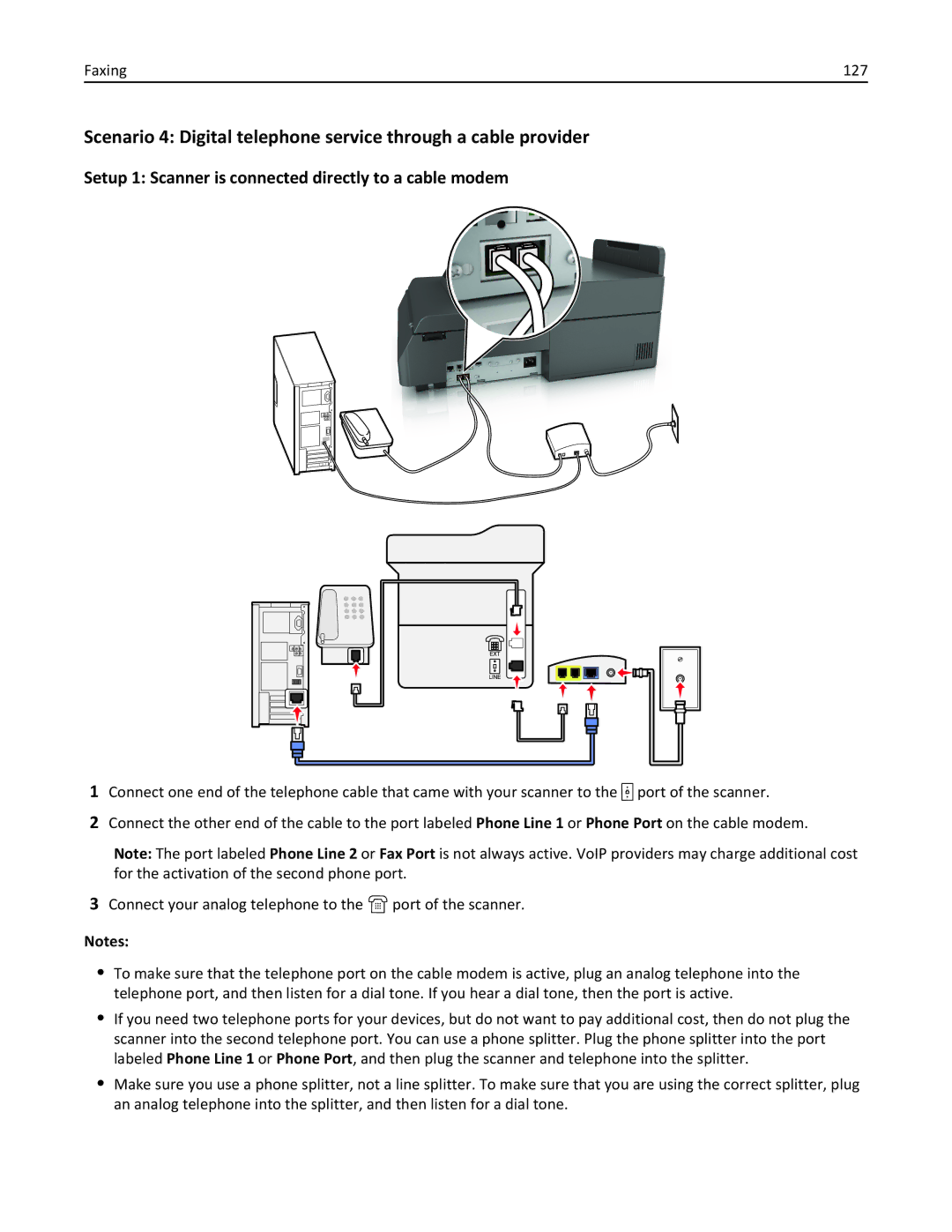 Lexmark MX6500E manual Setup 1 Scanner is connected directly to a cable modem, Faxing 127 