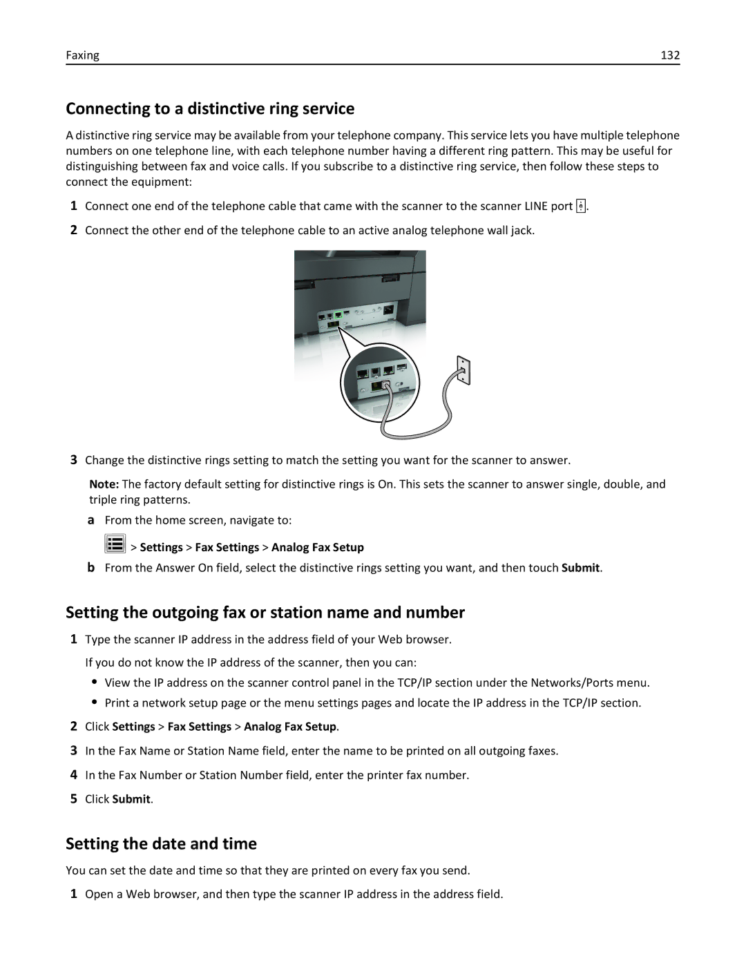 Lexmark MX6500E Connecting to a distinctive ring service, Setting the outgoing fax or station name and number, Faxing 132 