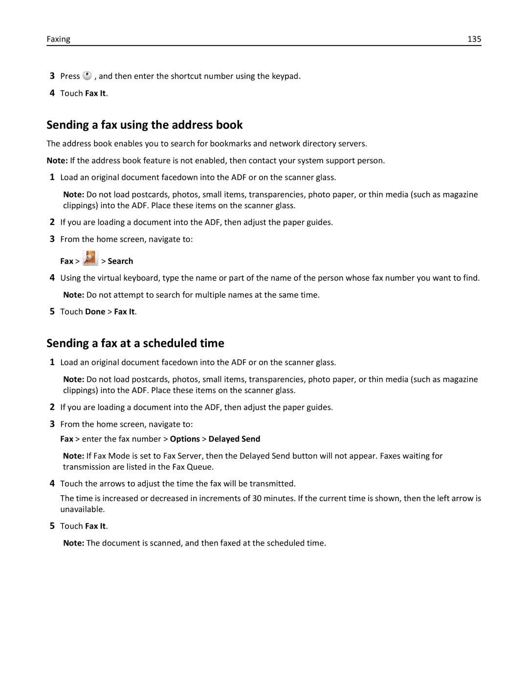 Lexmark MX6500E Sending a fax using the address book, Sending a fax at a scheduled time, Fax Search, Touch Done Fax It 
