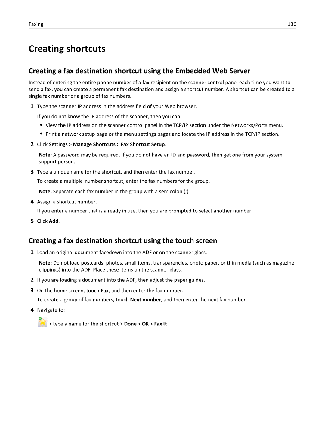 Lexmark MX6500E manual Creating shortcuts, Creating a fax destination shortcut using the touch screen, Faxing 136 