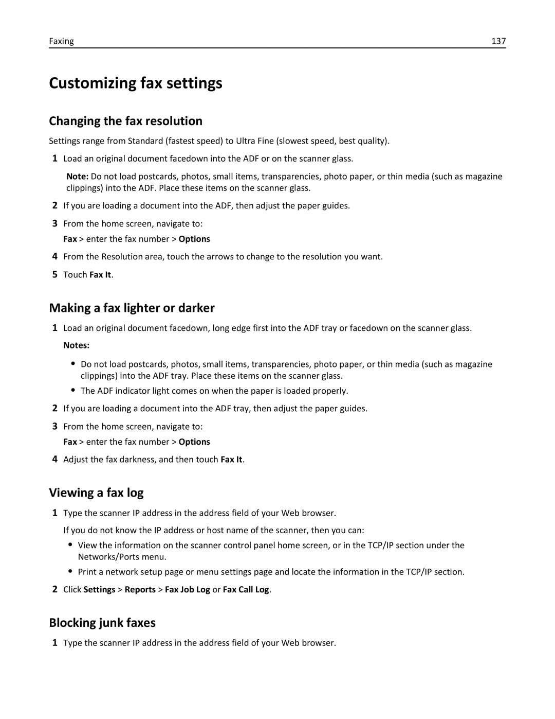 Lexmark MX6500E Customizing fax settings, Changing the fax resolution, Making a fax lighter or darker, Viewing a fax log 