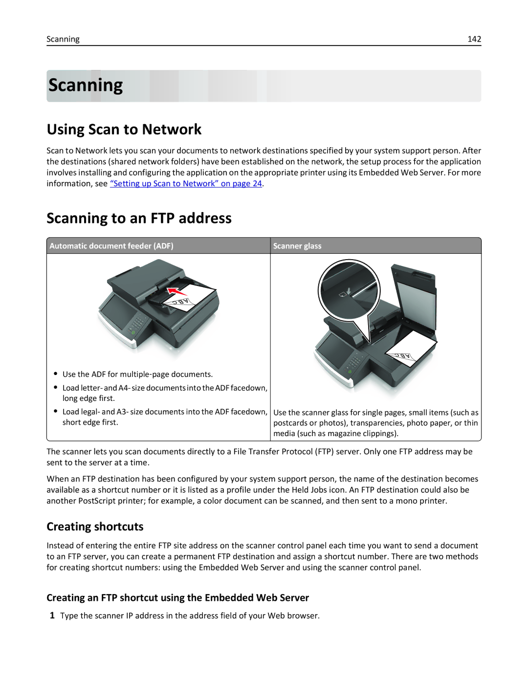 Lexmark MX6500E manual Using Scan to Network, Scanning to an FTP address, Creating shortcuts 