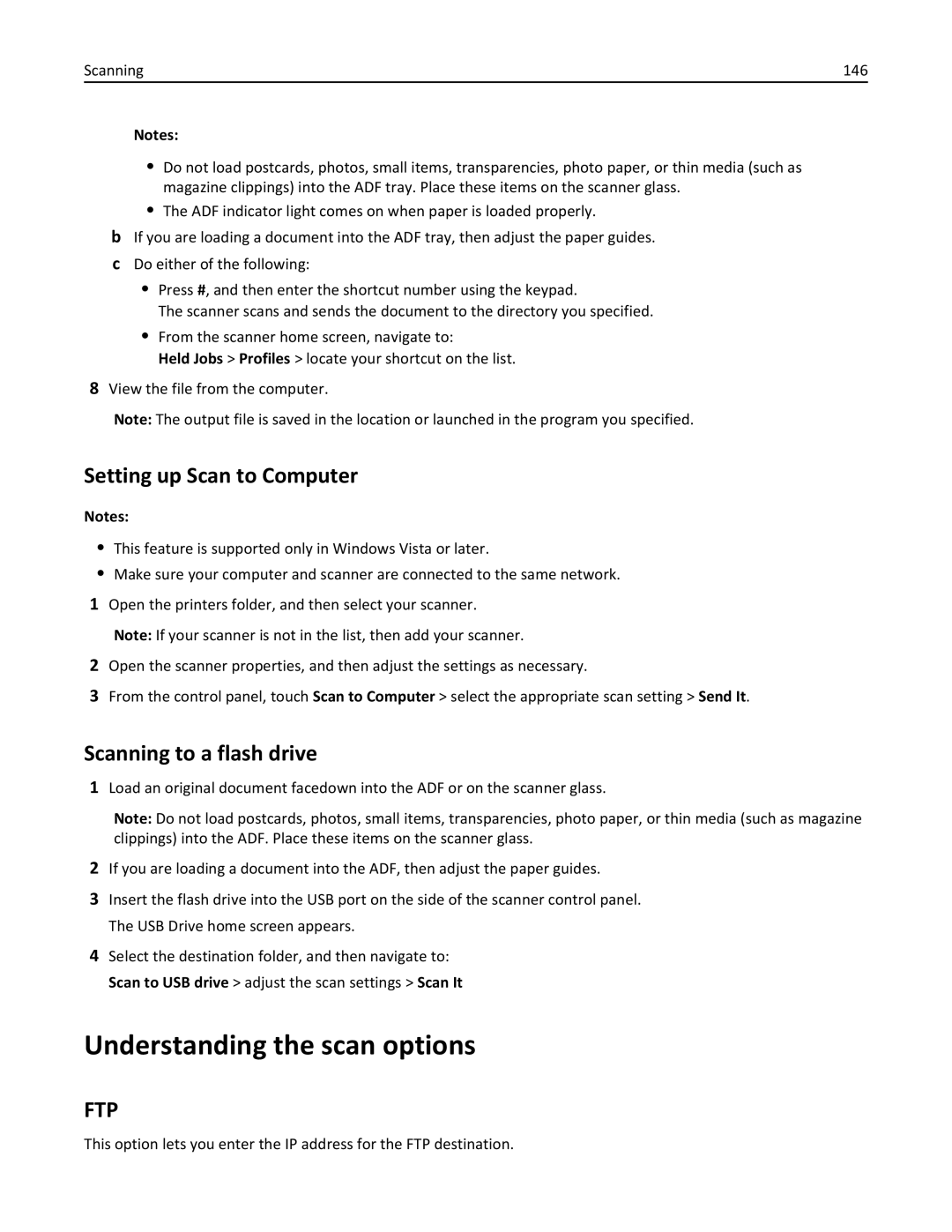 Lexmark MX6500E manual Understanding the scan options, Setting up Scan to Computer, Scanning to a flash drive 