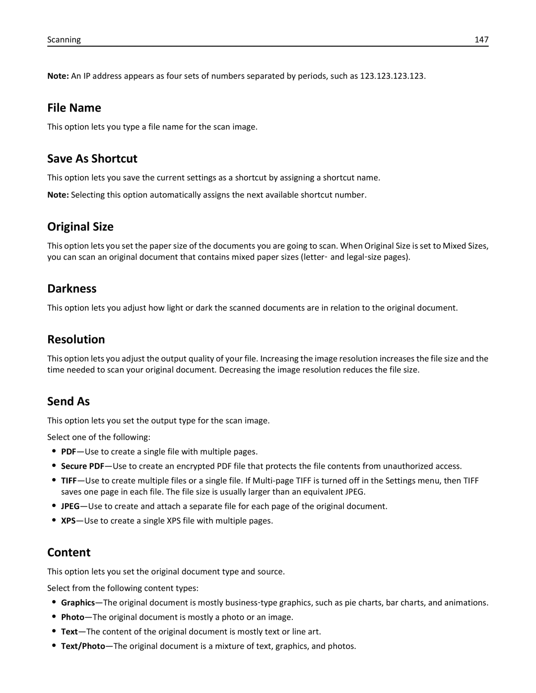 Lexmark MX6500E manual Scanning 147, This option lets you type a file name for the scan image 