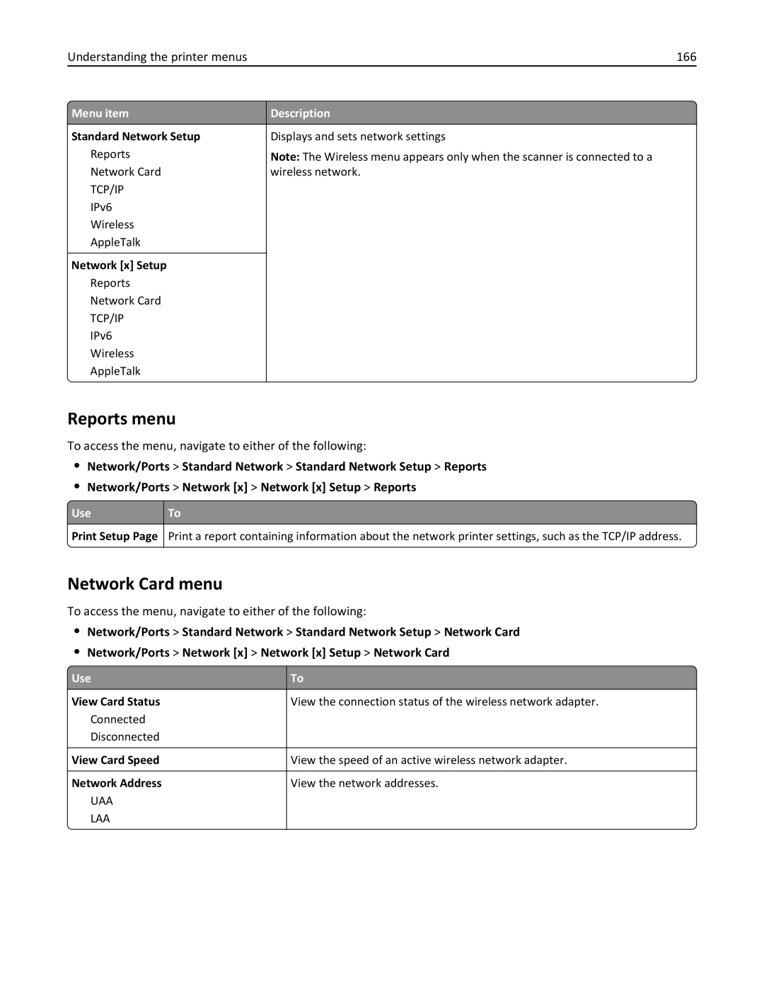 Lexmark MX6500E manual Network Card menu, Understanding the printer menus 166 