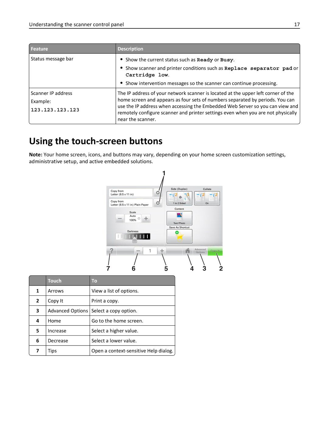 Lexmark MX6500E manual Using the touch-screen buttons, Cartridge low 