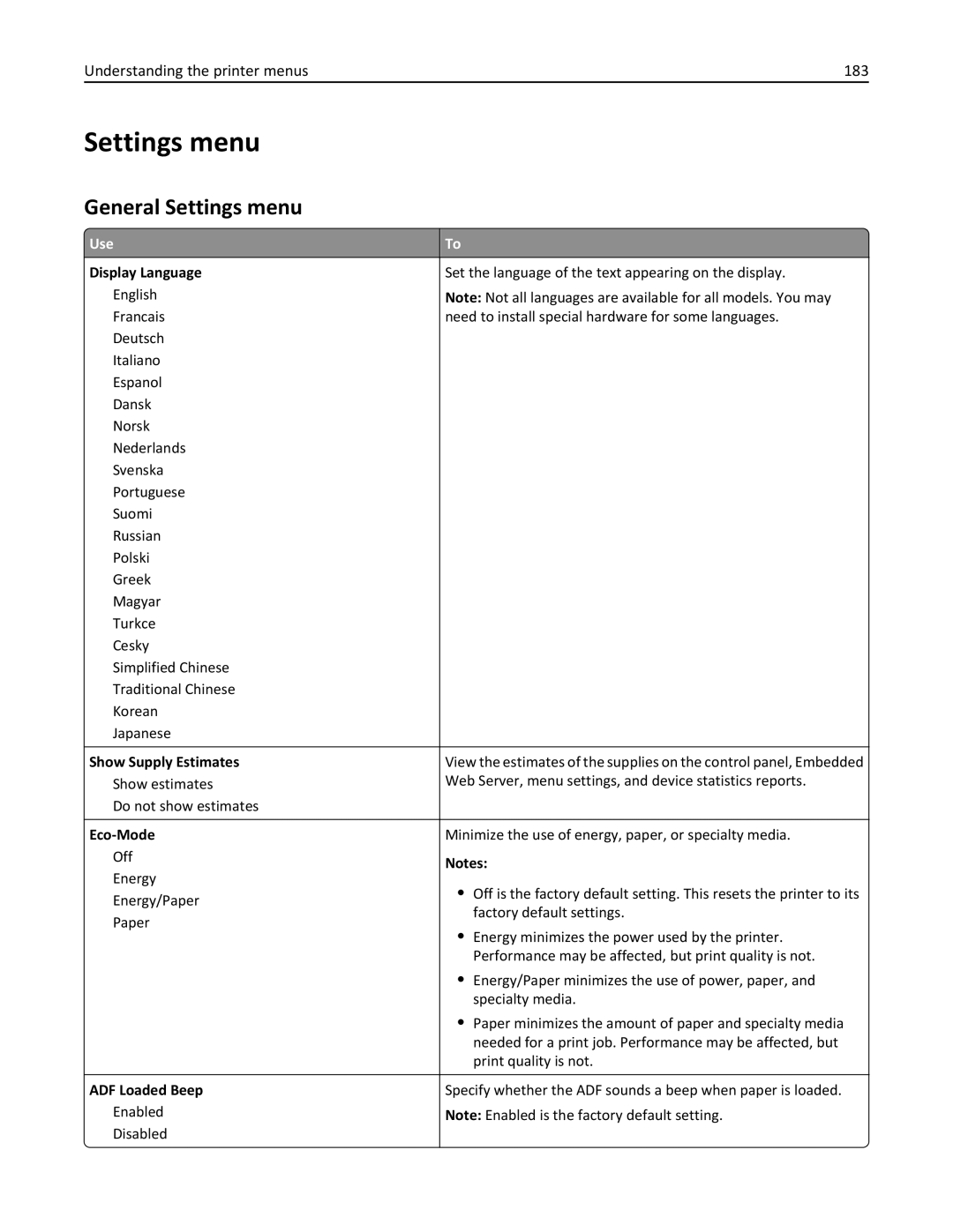 Lexmark MX6500E manual General Settings menu, Understanding the printer menus 183 