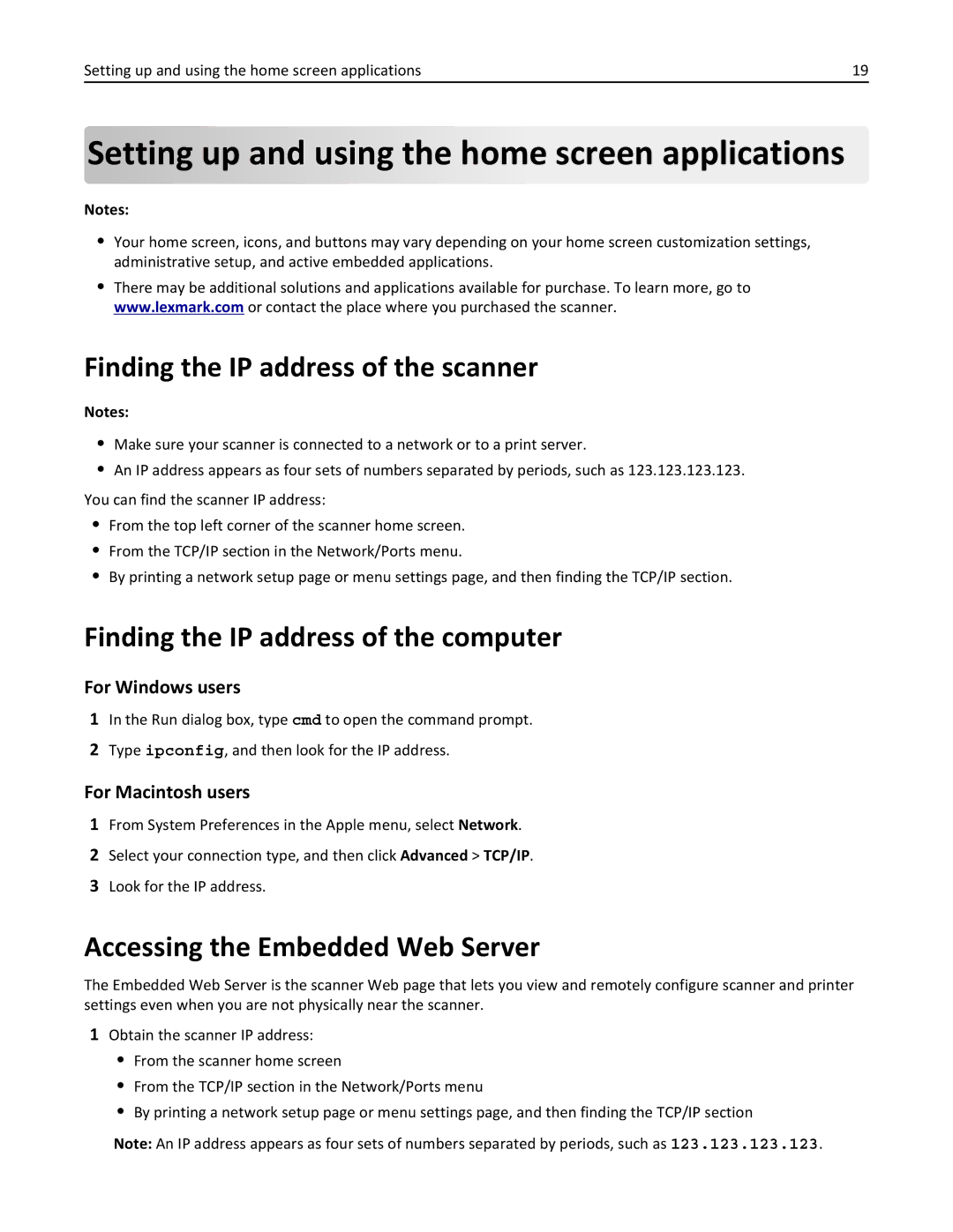 Lexmark MX6500E manual Setting up and using the home screen applications, Finding the IP address of the scanner 