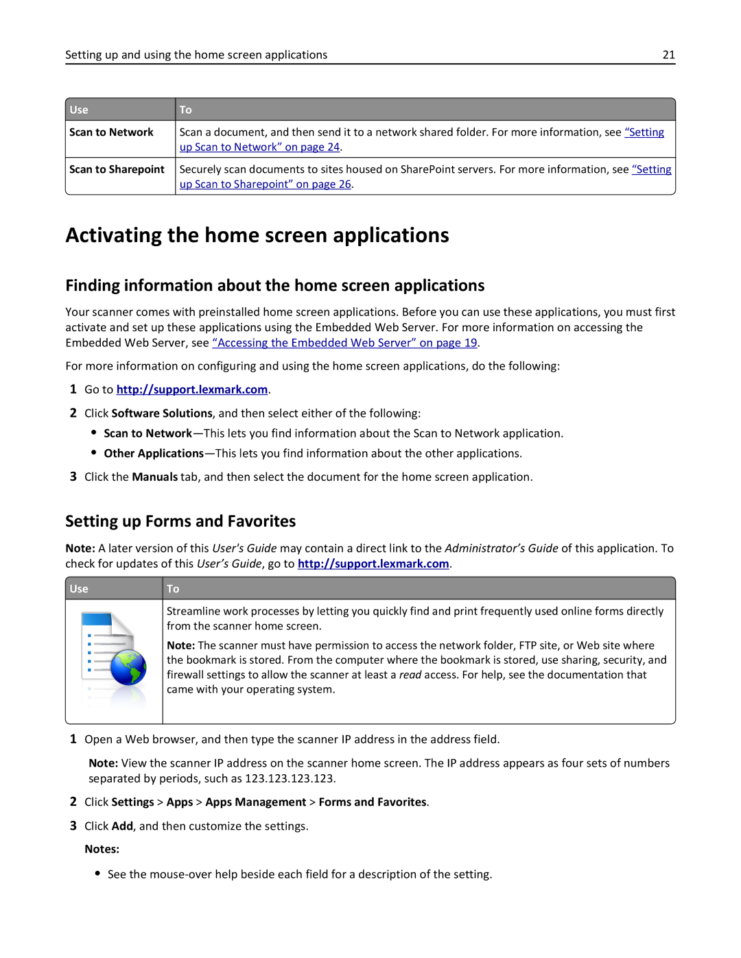 Lexmark MX6500E manual Activating the home screen applications, Finding information about the home screen applications 