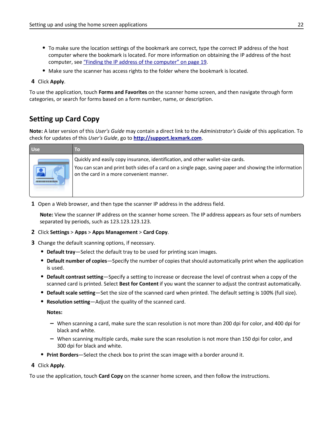 Lexmark MX6500E manual Setting up Card Copy, Click Settings Apps Apps Management Card Copy 