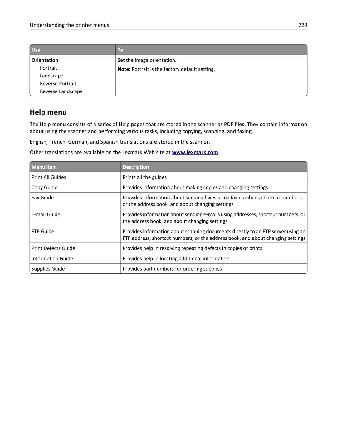 Lexmark MX6500E manual Help menu, Understanding the printer menus 229 