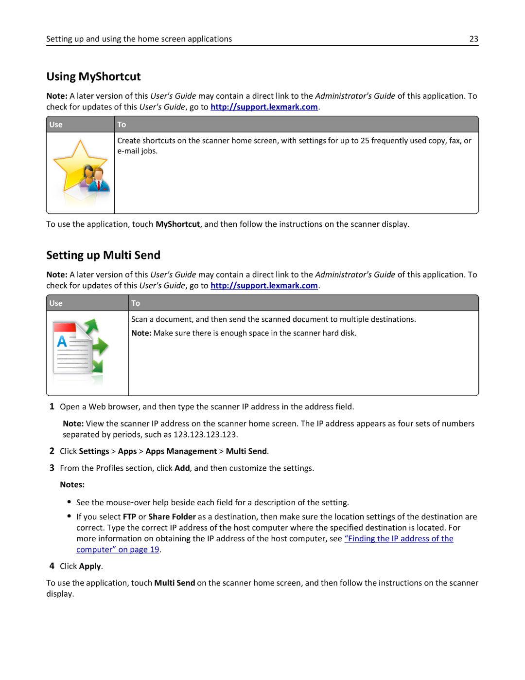 Lexmark MX6500E manual Using MyShortcut, Setting up Multi Send, Click Settings Apps Apps Management Multi Send 