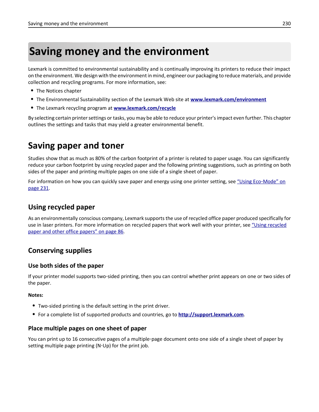 Lexmark MX6500E manual Saving money and the environment, Saving paper and toner, Using recycled paper, Conserving supplies 