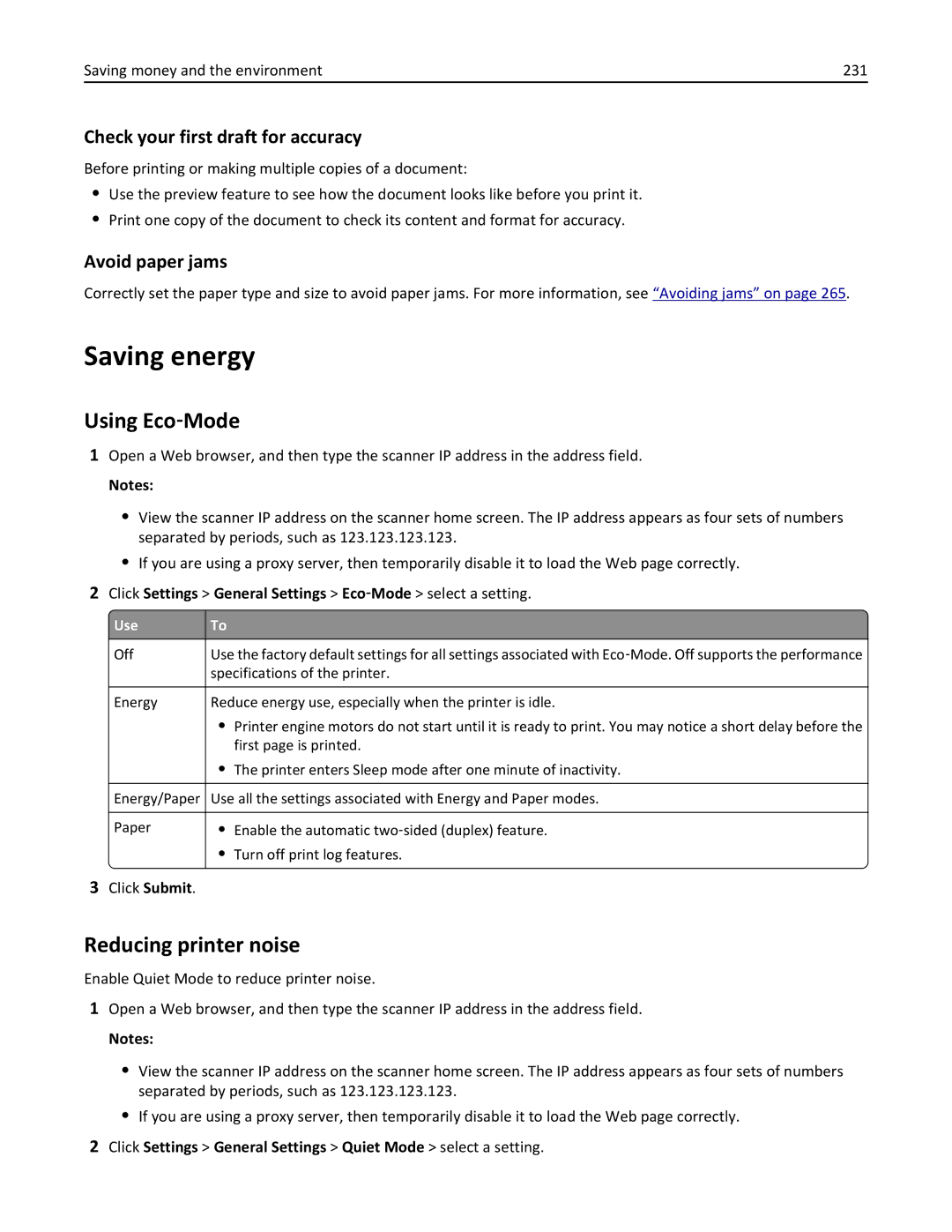 Lexmark MX6500E manual Saving energy, Using Eco‑Mode, Reducing printer noise, Check your first draft for accuracy 