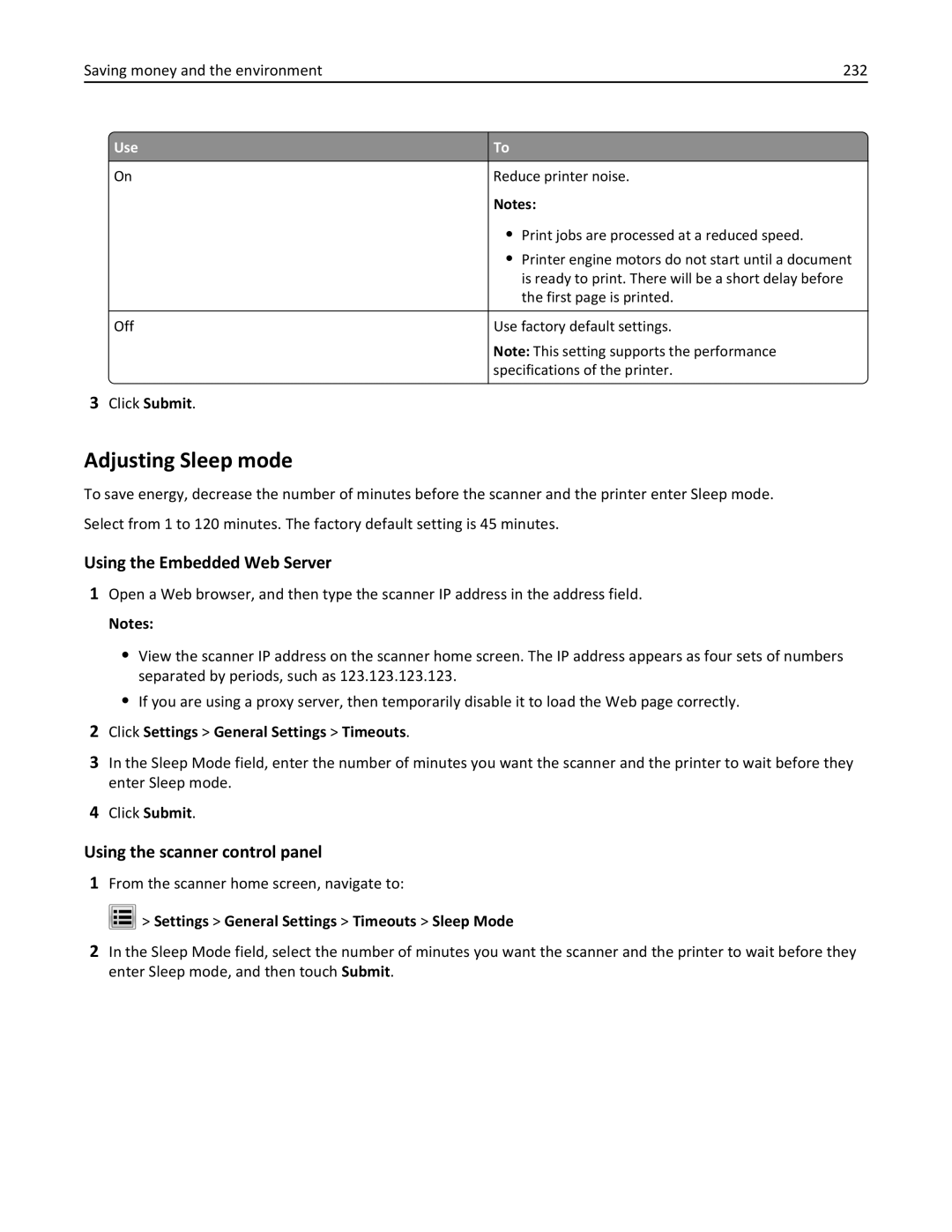 Lexmark MX6500E manual Adjusting Sleep mode, Saving money and the environment 232, Click Settings General Settings Timeouts 