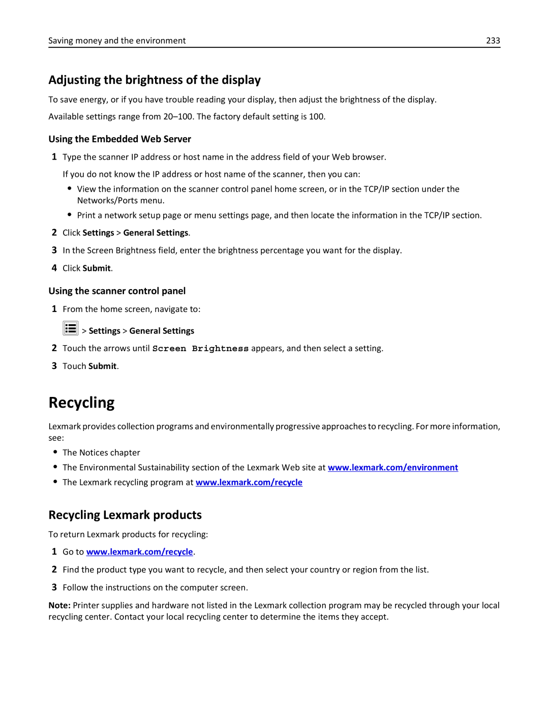 Lexmark MX6500E Adjusting the brightness of the display, Recycling Lexmark products, Click Settings General Settings 