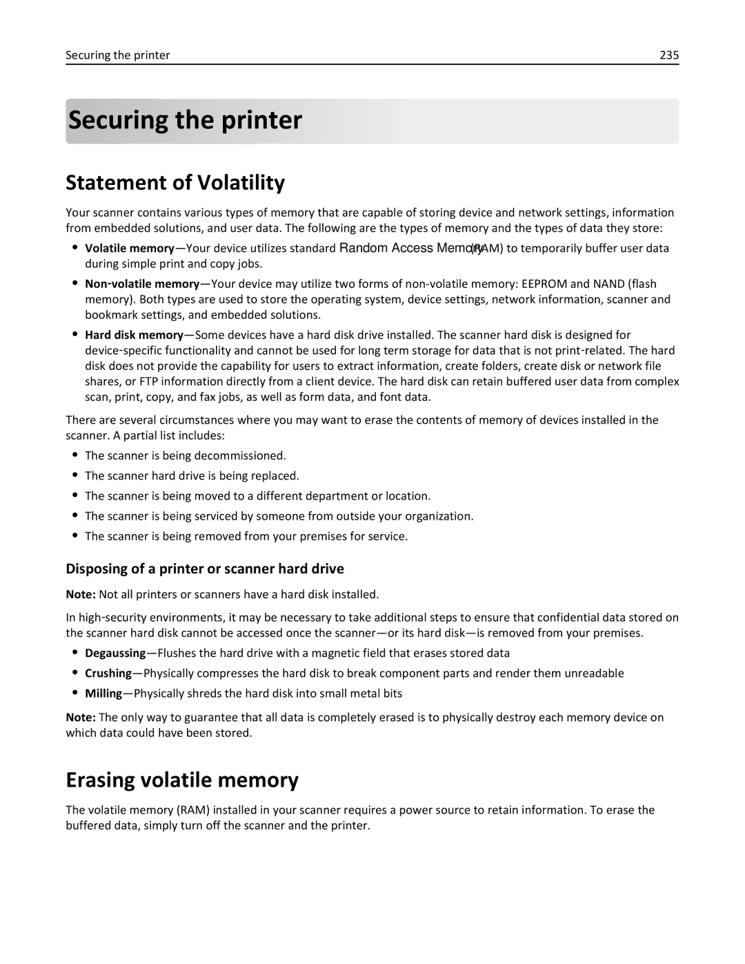 Lexmark MX6500E manual Statement of Volatility, Erasing volatile memory, Securing the printer 235 