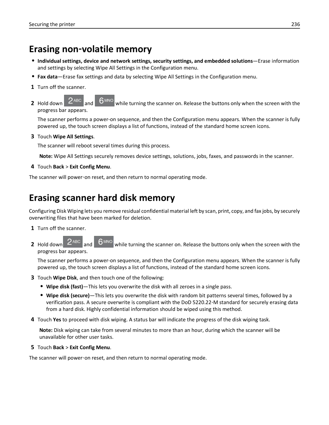 Lexmark MX6500E manual Erasing non‑volatile memory, Erasing scanner hard disk memory, Touch Wipe All Settings 