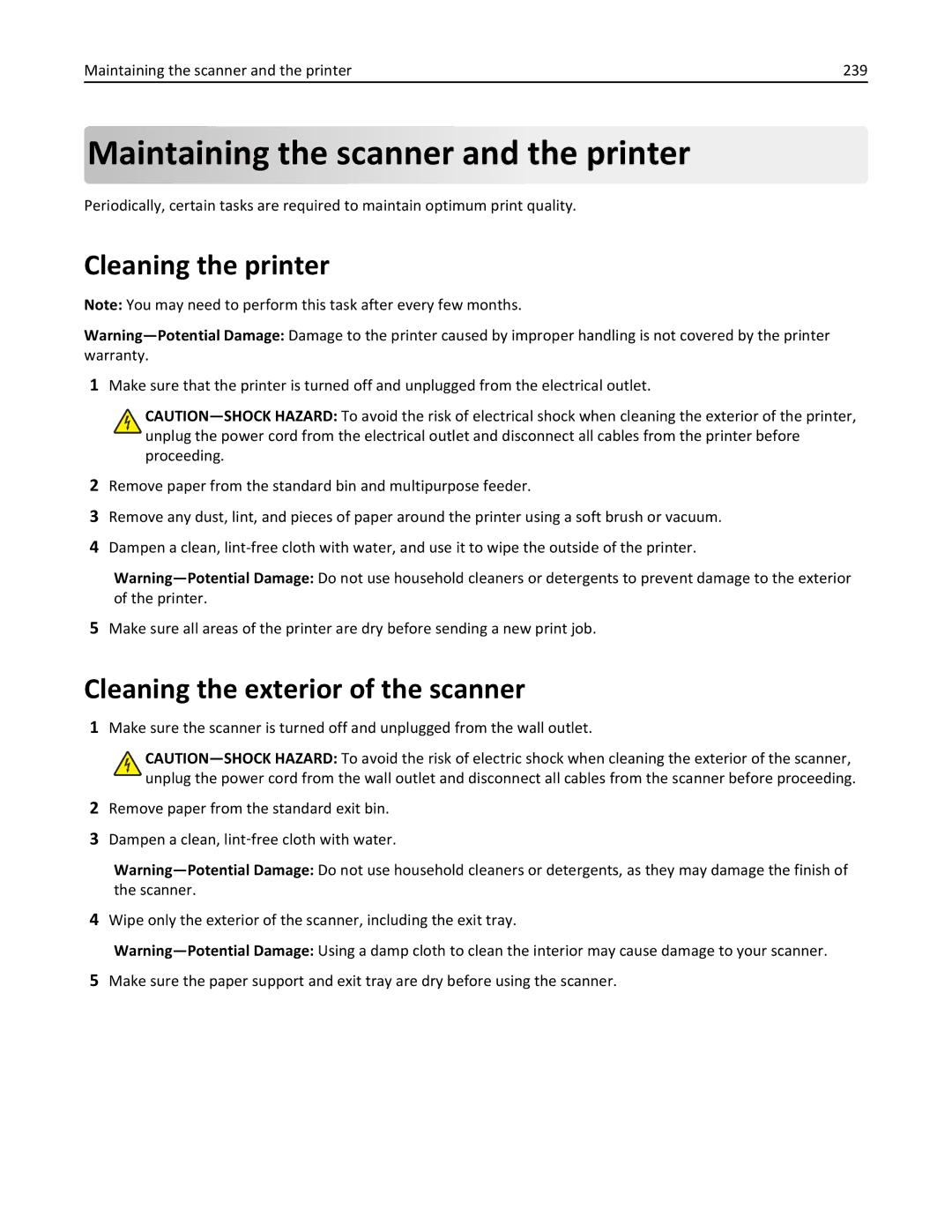 Lexmark MX6500E manual Maintaining the scanner and the printer, Cleaning the printer, Cleaning the exterior of the scanner 