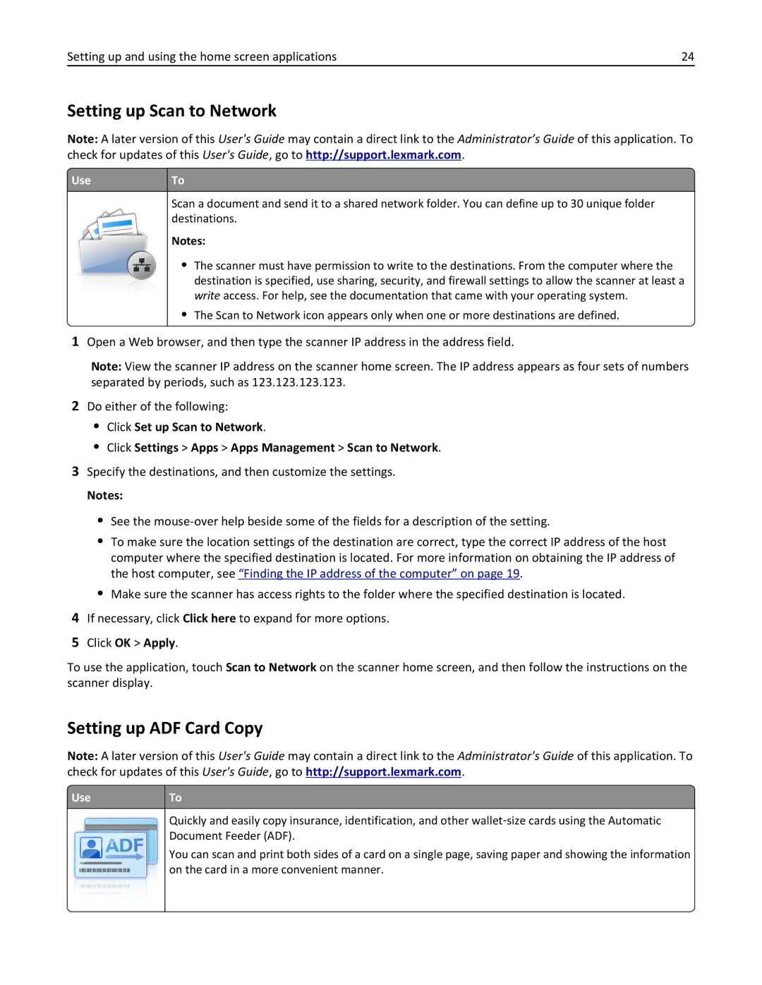 Lexmark MX6500E manual Setting up Scan to Network, Setting up ADF Card Copy, UseTo 