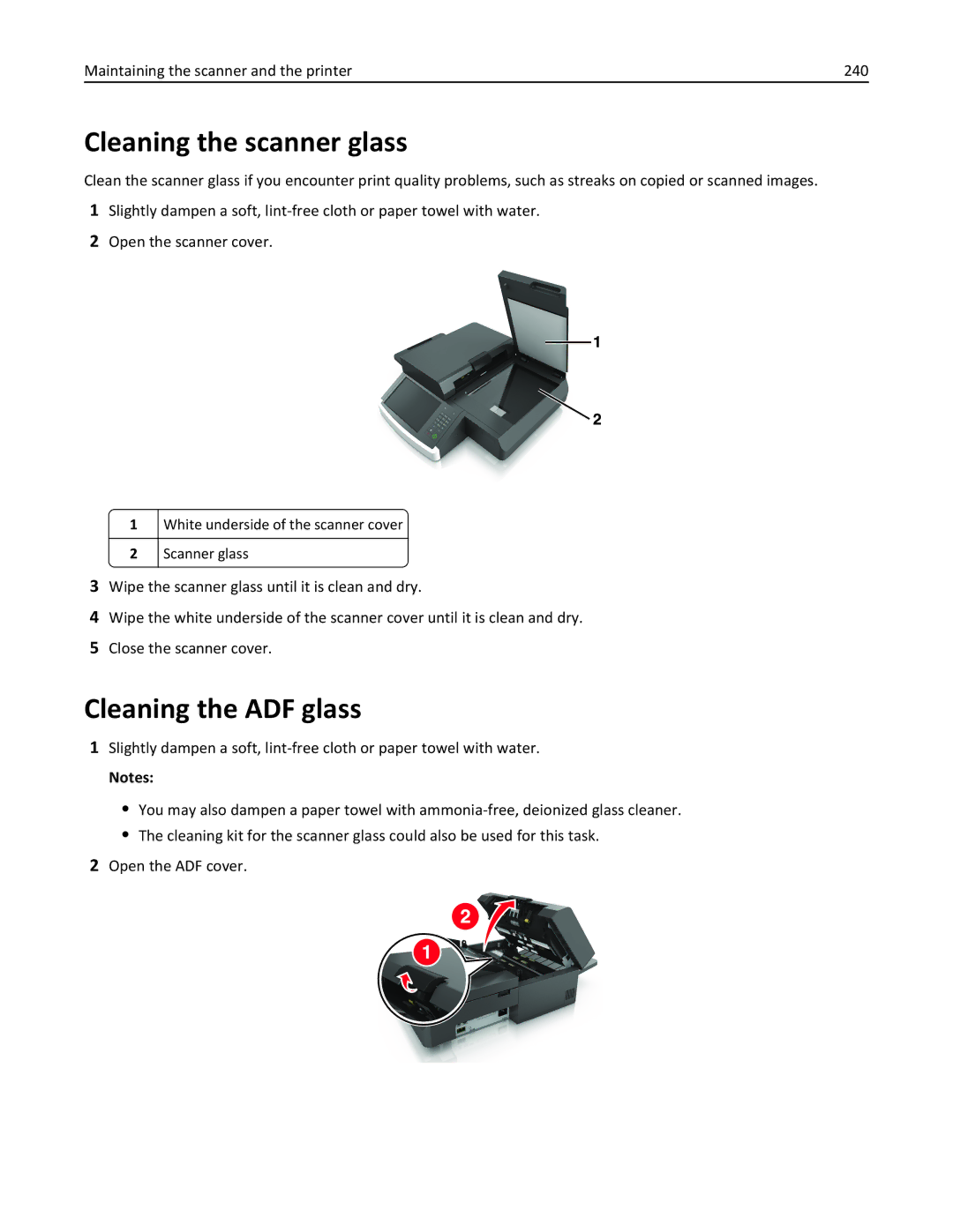 Lexmark MX6500E manual Cleaning the scanner glass, Cleaning the ADF glass, Maintaining the scanner and the printer 240 