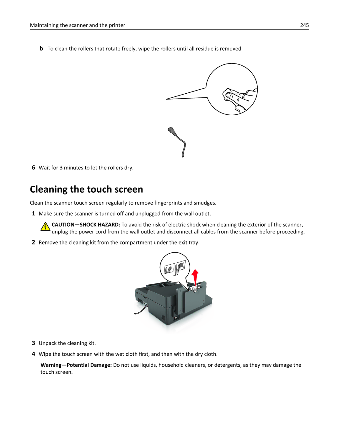 Lexmark MX6500E manual Cleaning the touch screen 