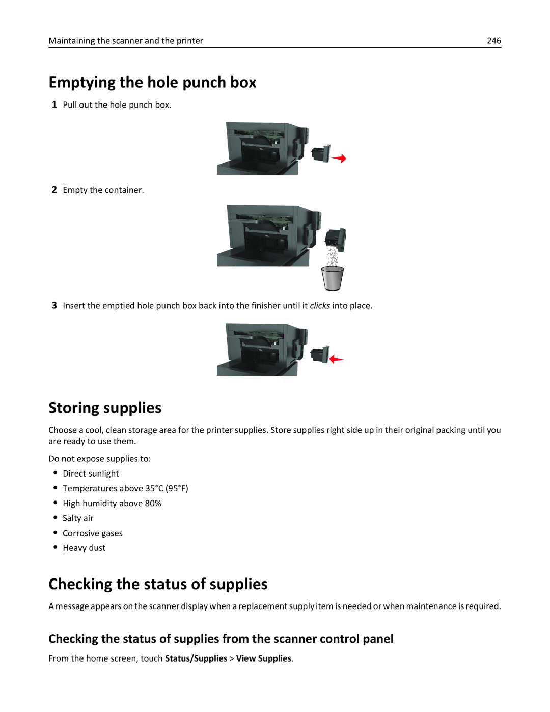 Lexmark MX6500E manual Emptying the hole punch box, Storing supplies, Checking the status of supplies 