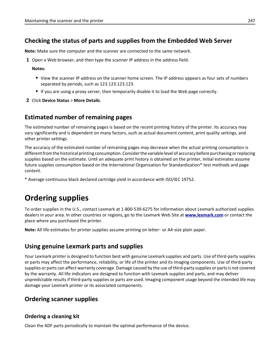 Lexmark MX6500E manual Ordering supplies, Estimated number of remaining pages, Using genuine Lexmark parts and supplies 