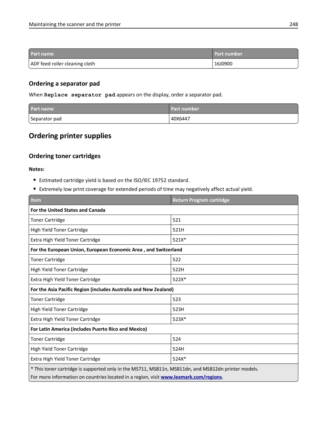 Lexmark MX6500E manual Ordering printer supplies, Ordering a separator pad, Ordering toner cartridges 