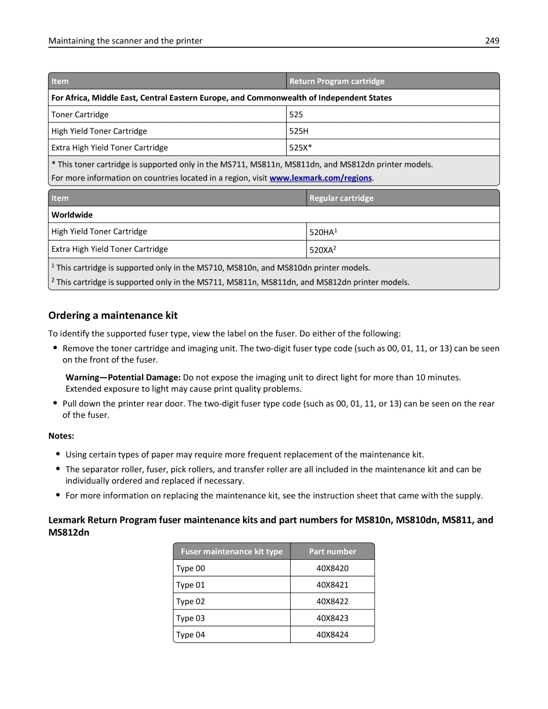 Lexmark MX6500E Ordering a maintenance kit, Maintaining the scanner and the printer 249, Worldwide, Regular cartridge 