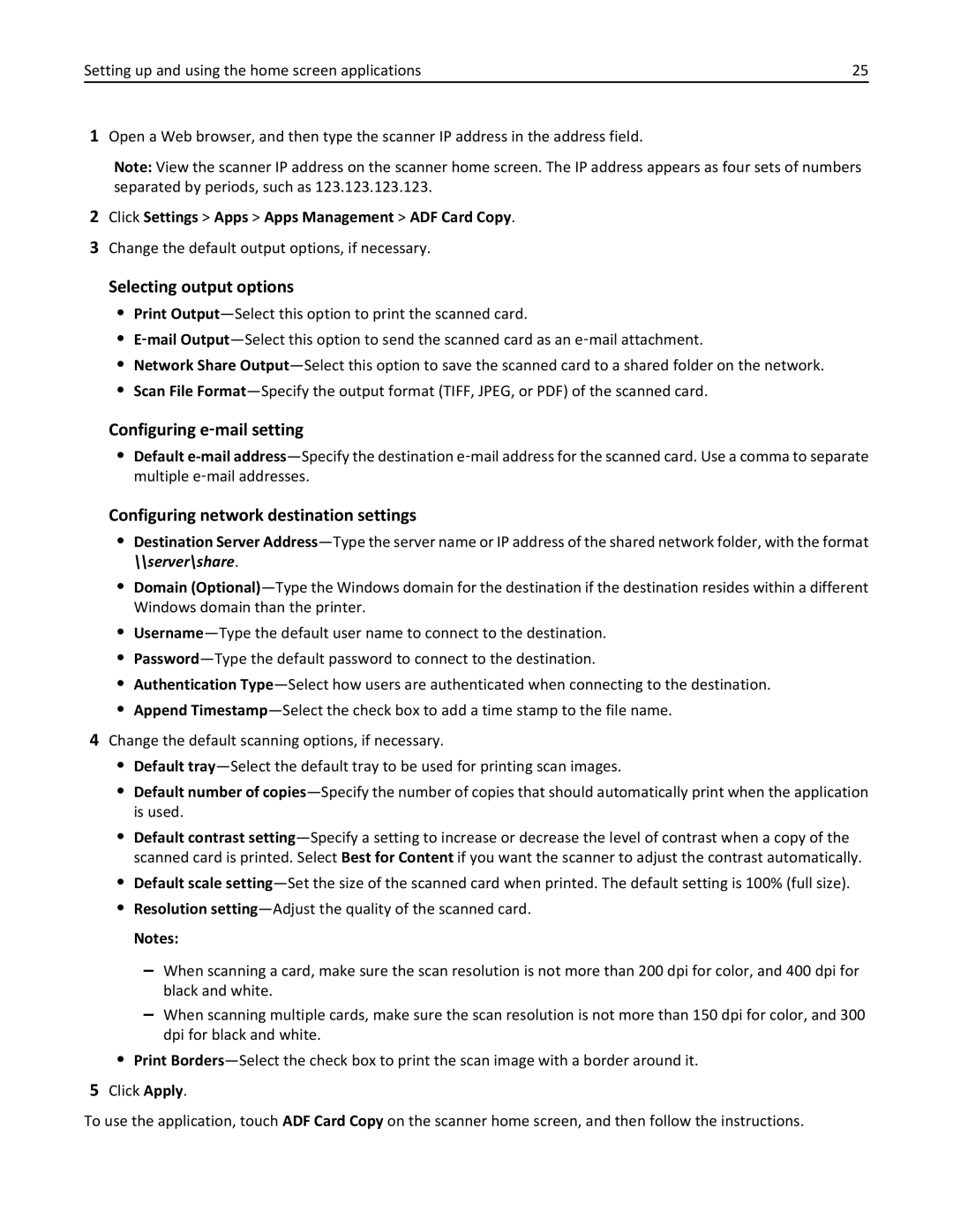 Lexmark MX6500E manual Click Settings Apps Apps Management ADF Card Copy, Change the default output options, if necessary 