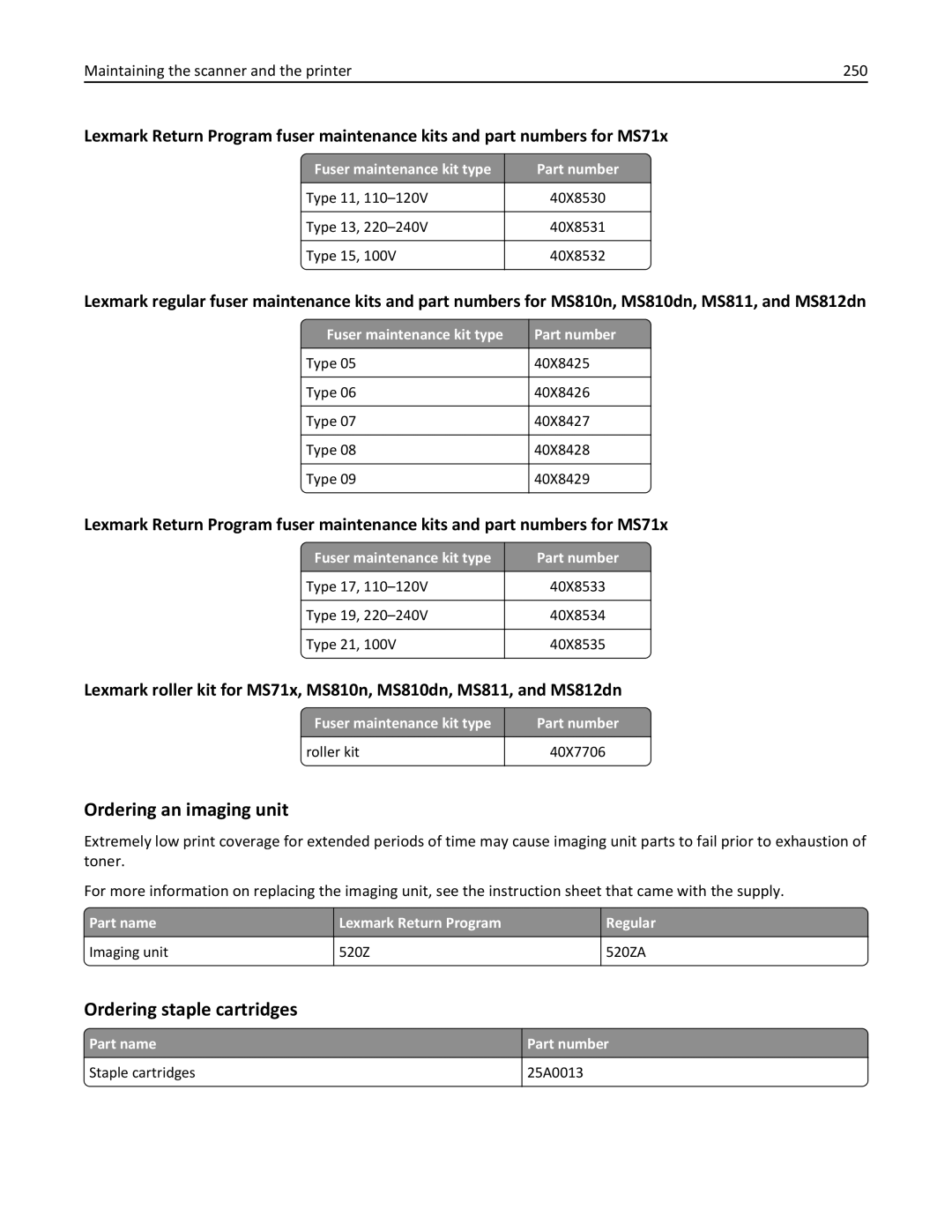 Lexmark MX6500E manual Ordering an imaging unit, Ordering staple cartridges, Maintaining the scanner and the printer 250 