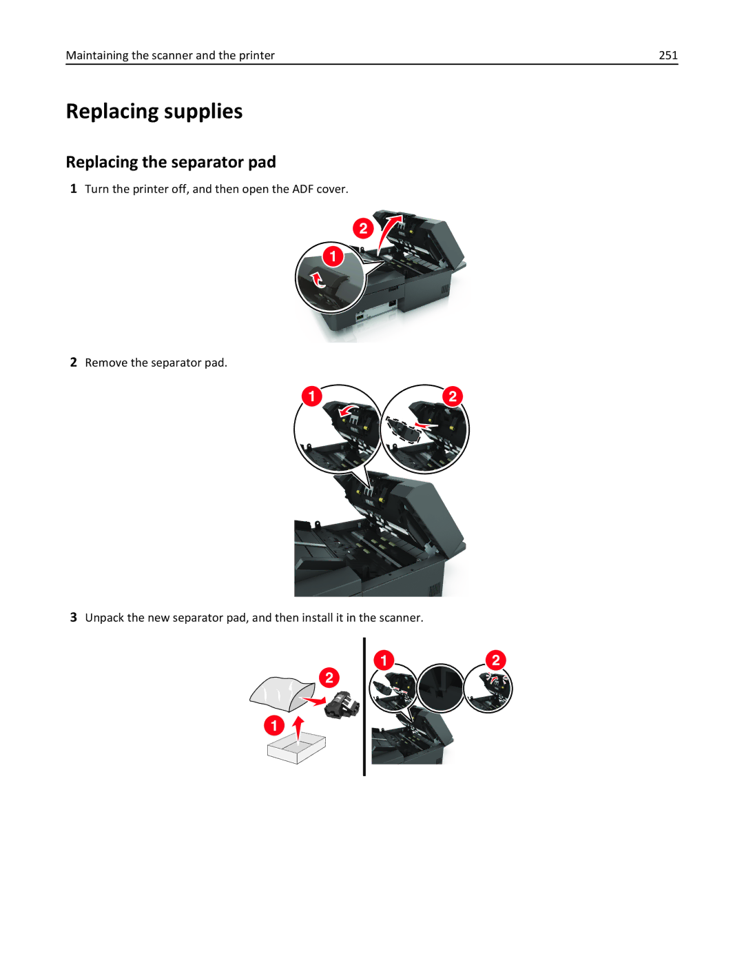 Lexmark MX6500E manual Replacing supplies, Replacing the separator pad, Maintaining the scanner and the printer 251 