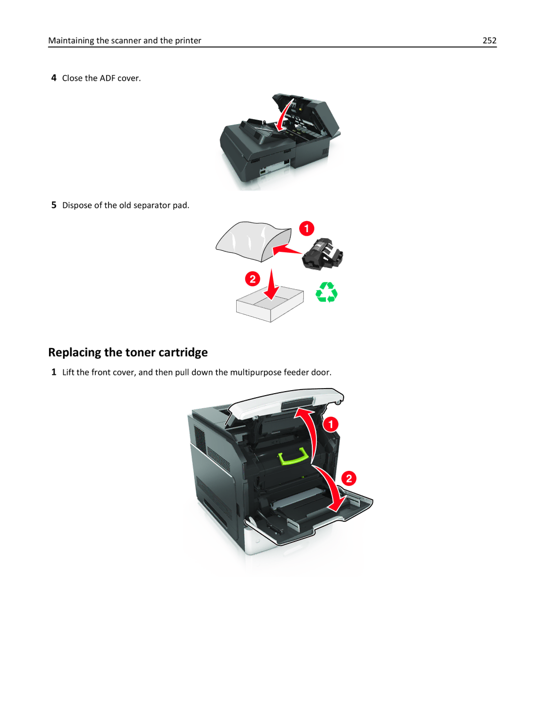 Lexmark MX6500E manual Replacing the toner cartridge 