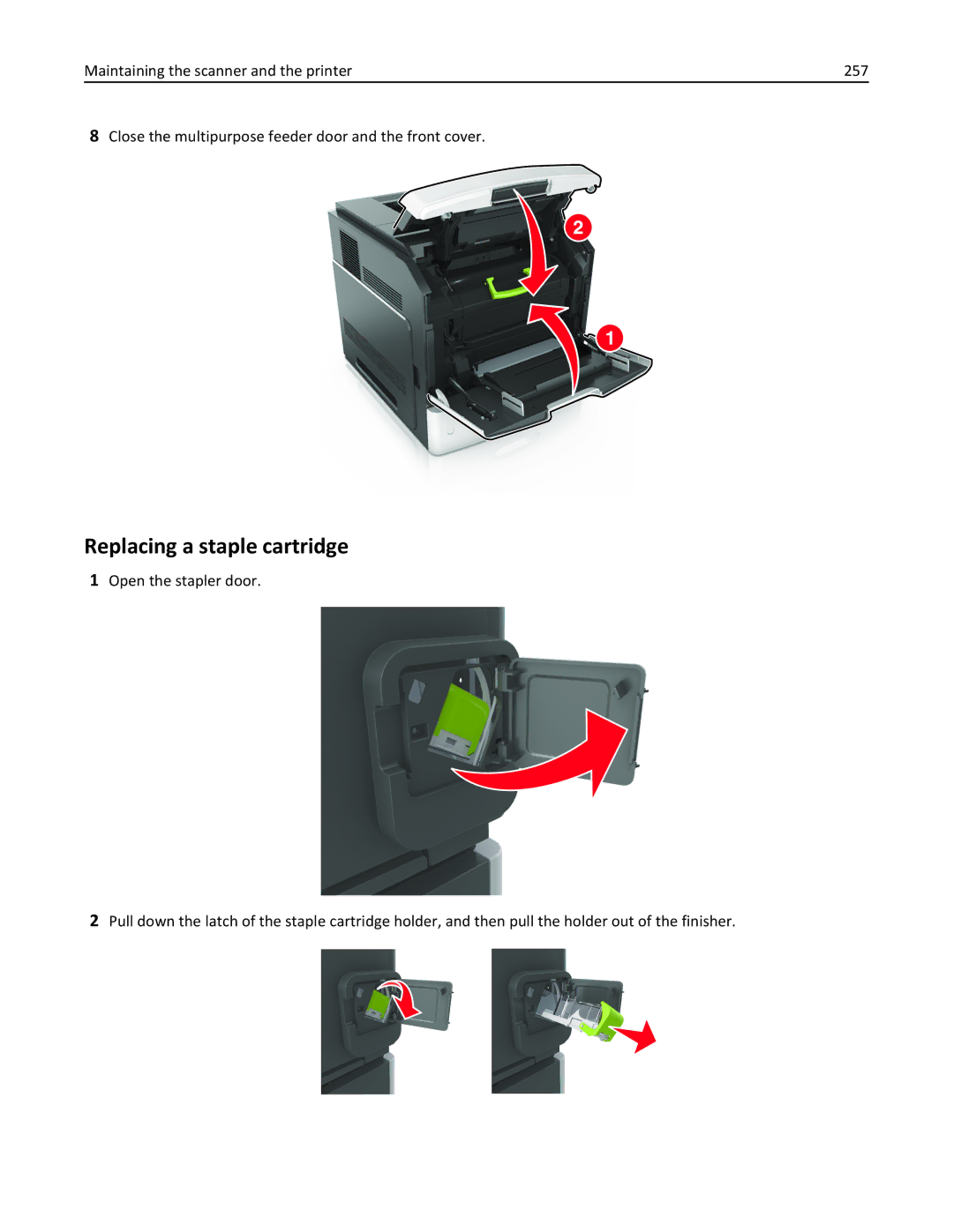 Lexmark MX6500E manual Replacing a staple cartridge 