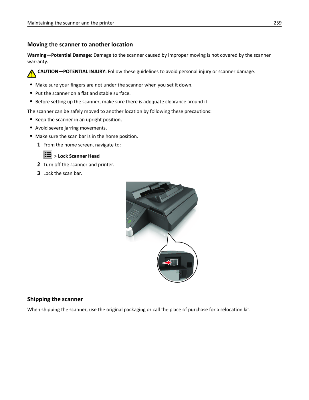 Lexmark MX6500E Moving the scanner to another location, Shipping the scanner, Maintaining the scanner and the printer 259 