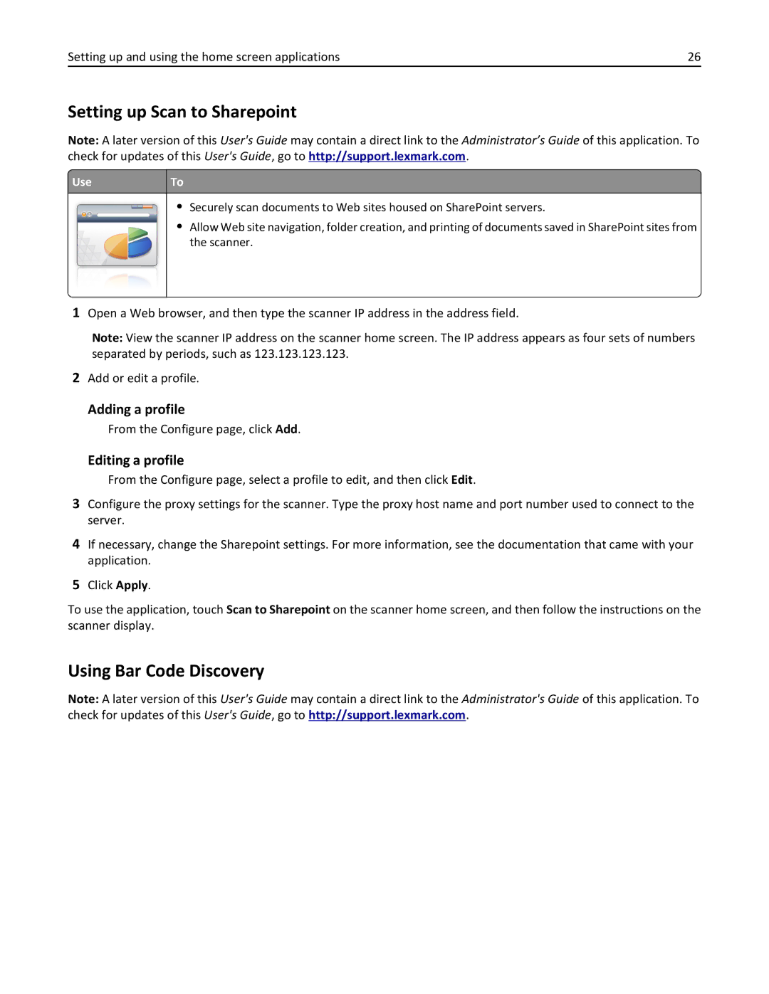 Lexmark MX6500E manual Setting up Scan to Sharepoint, Using Bar Code Discovery, From the Configure page, click Add 