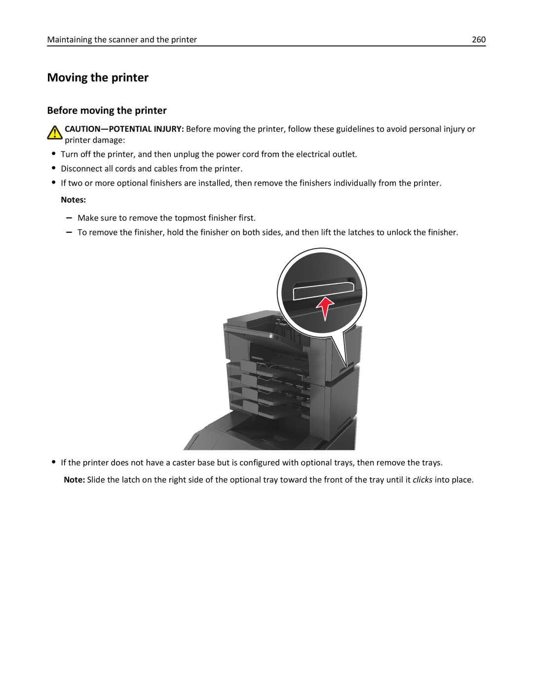 Lexmark MX6500E manual Moving the printer, Before moving the printer, Maintaining the scanner and the printer 260 