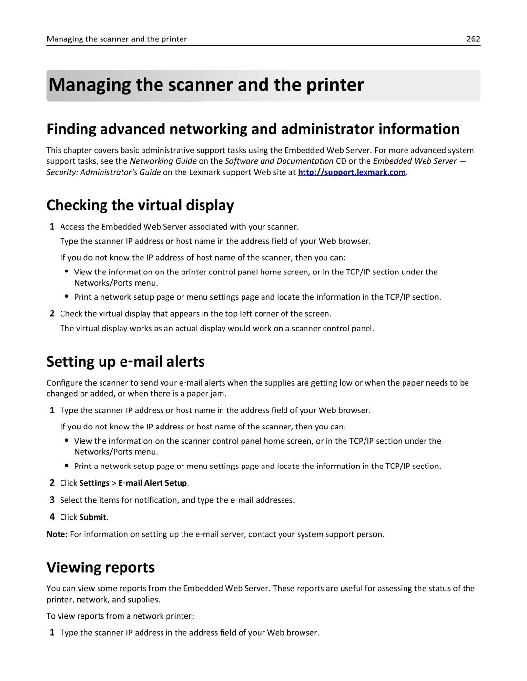 Lexmark MX6500E manual Managing the scanner and the printer, Finding advanced networking and administrator information 