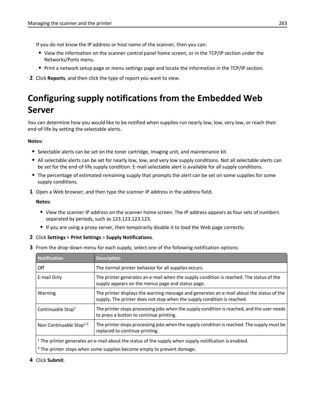 Lexmark MX6500E manual Click Settings Print Settings Supply Notifications, Notification Description 