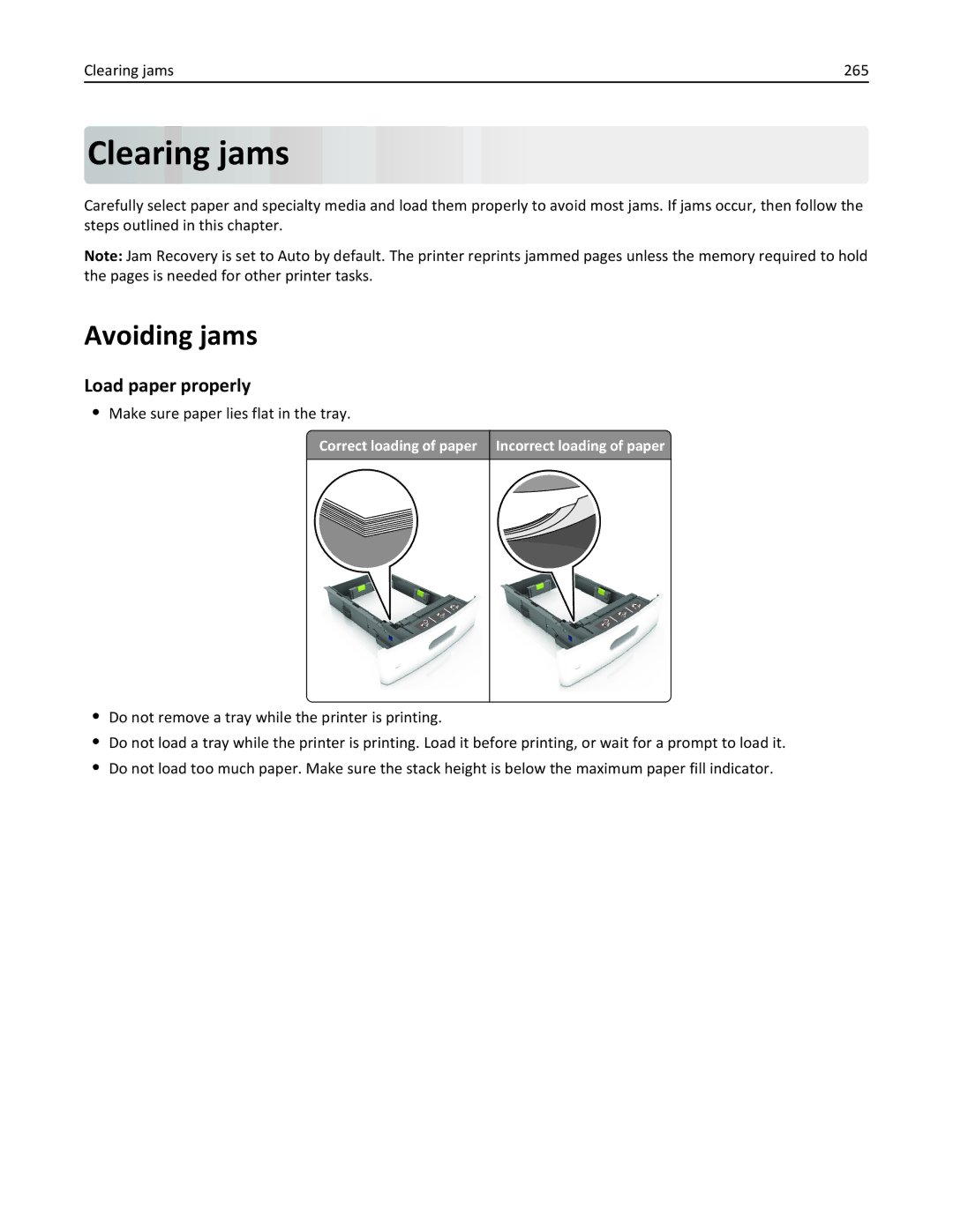 Lexmark MX6500E manual Avoiding jams, Load paper properly, Clearing jams 265, Make sure paper lies flat in the tray 