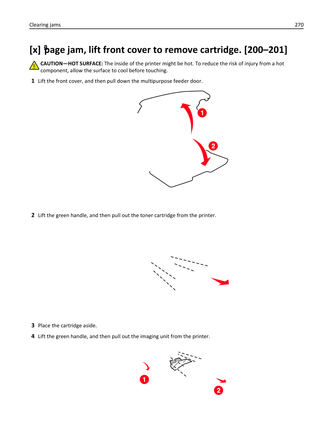 Lexmark MX6500E manual ‑page jam, lift front cover to remove cartridge, Clearing jams 270 