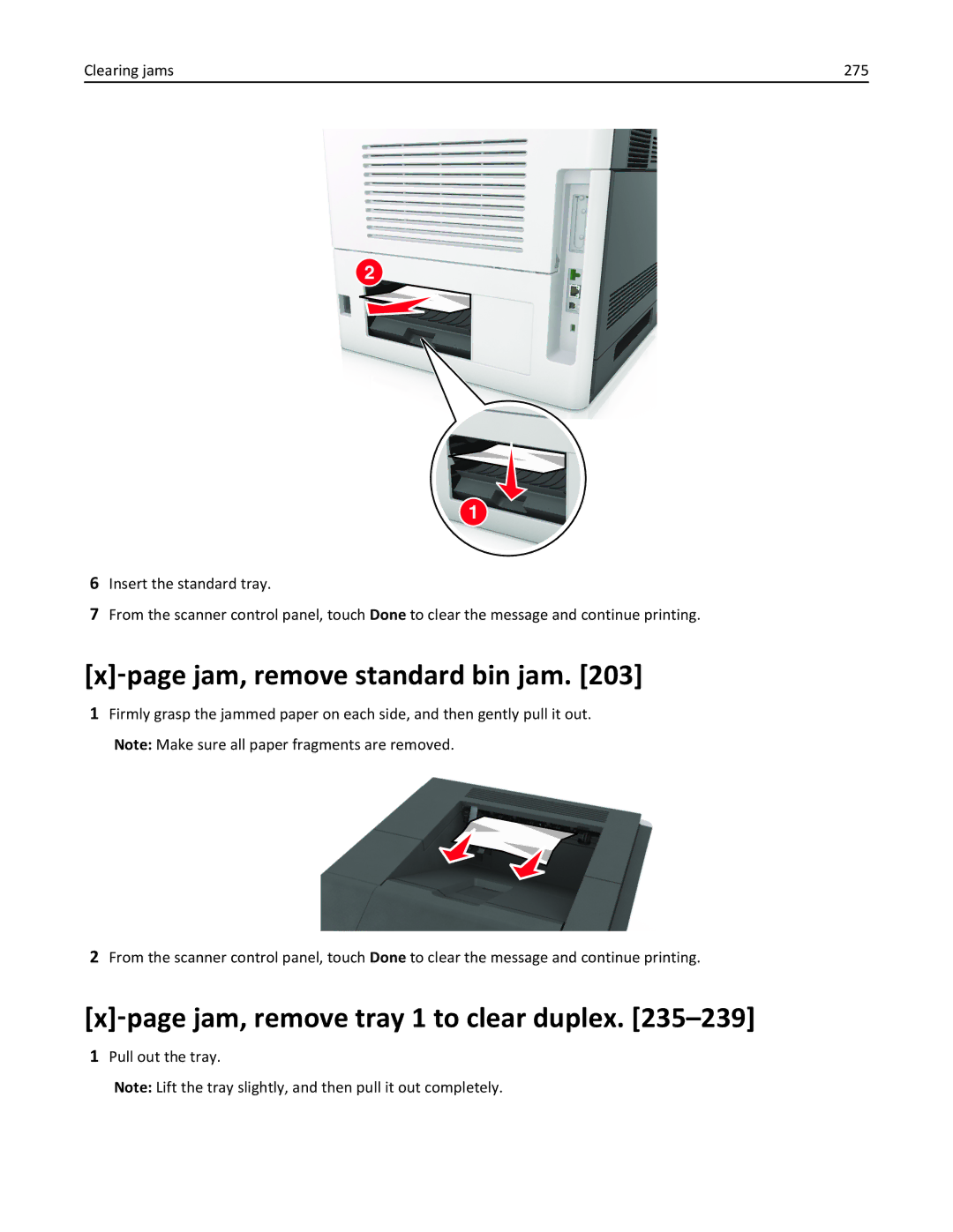 Lexmark MX6500E manual ‑page jam, remove standard bin jam, ‑page jam, remove tray 1 to clear duplex, Pull out the tray 