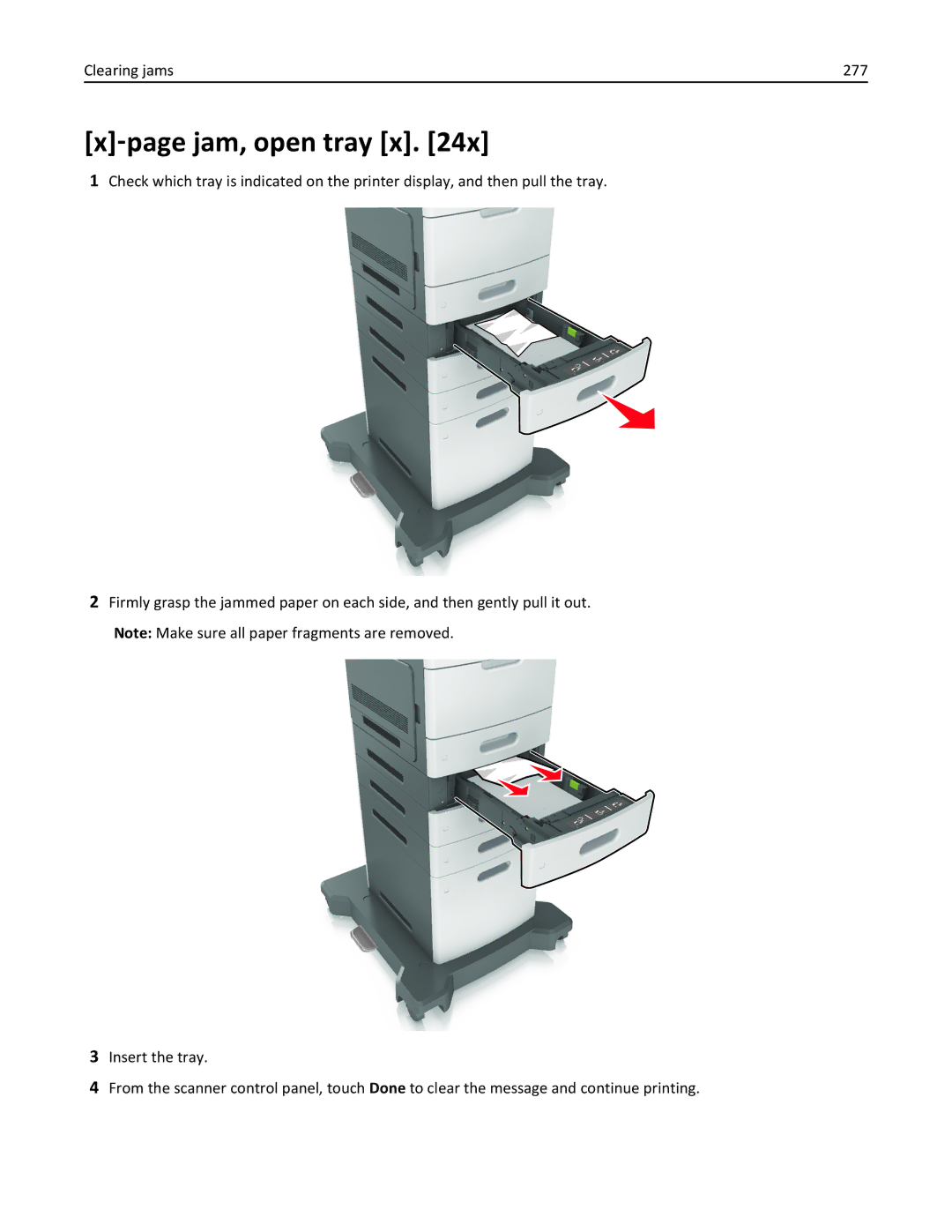 Lexmark MX6500E manual ‑page jam, open tray x, Clearing jams 277 