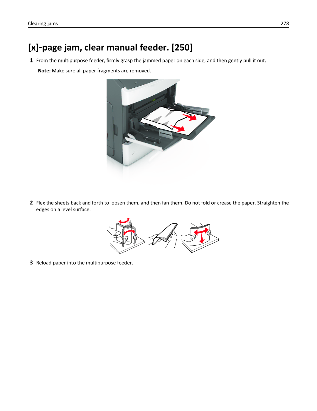 Lexmark MX6500E ‑page jam, clear manual feeder, Clearing jams 278 